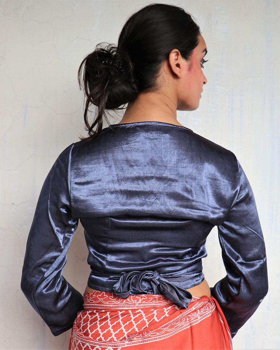 Bluish Grey Tie-Up Mashru Silk Blouse-Sahar - Image 2