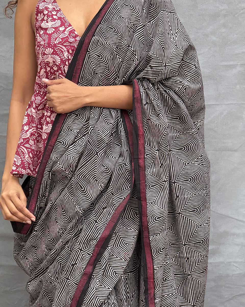 Blush of Dusk Black Block printed Cotton Saree - Image 10