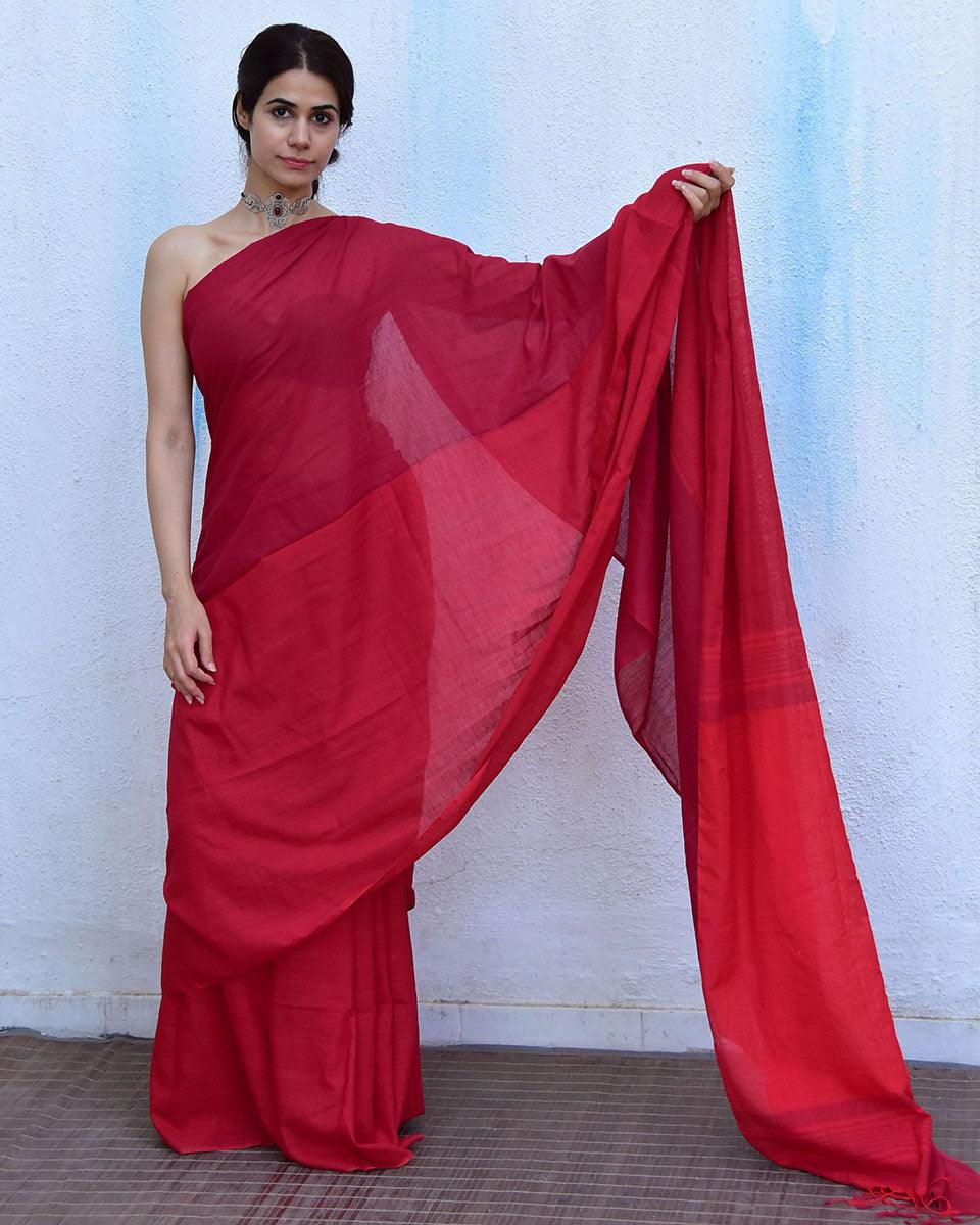 Blush Red Handwoven Cotton Saree-Leela