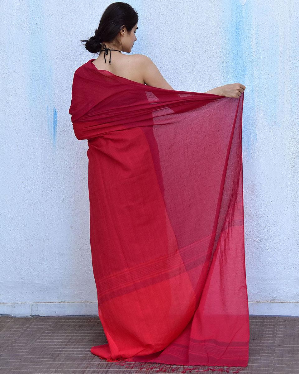 Blush Red Handwoven Cotton Saree-Leela - Image 5