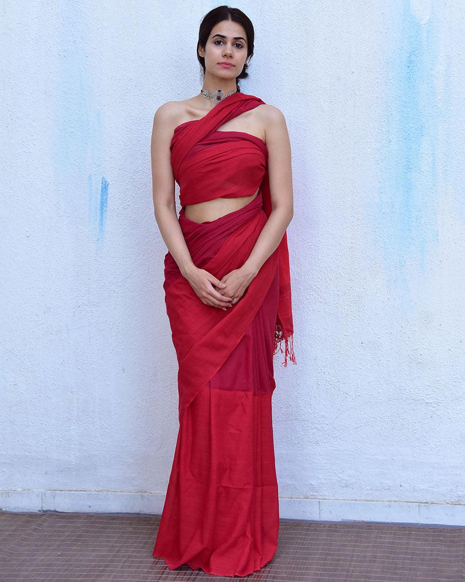 Blush Red Handwoven Cotton Saree-Leela - Image 6