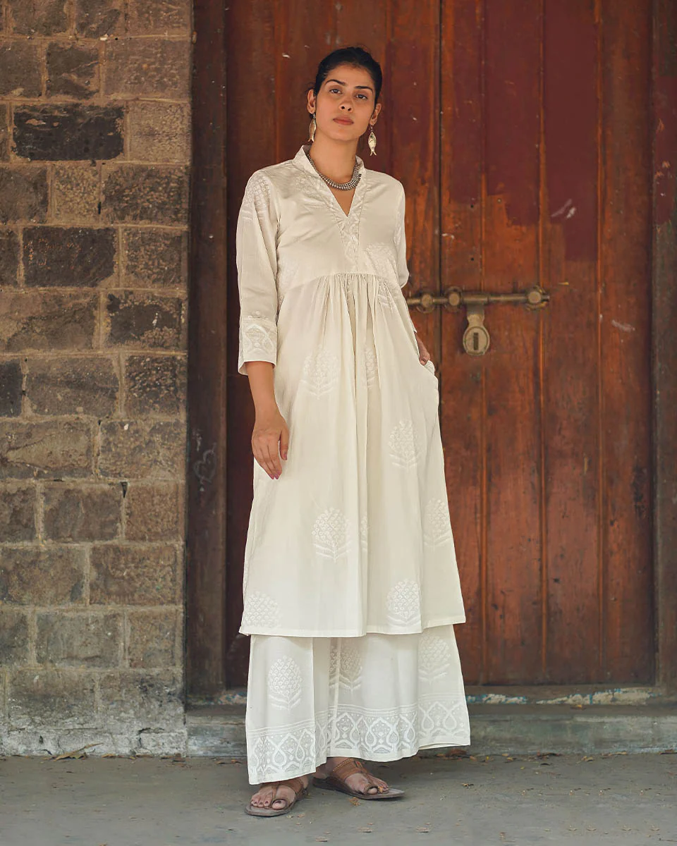 Bone China Light Ivory Block Printed Kurti - SFD - Image 5