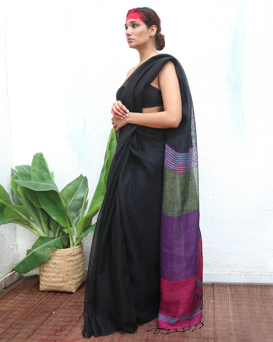 Brahmi Black Handwoven Linen Saree - Kaali - Image 2