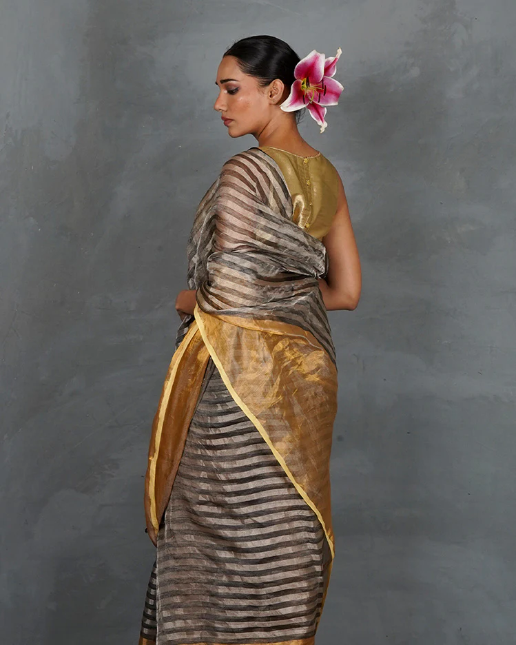 Burn Soft Silver With Black Strip Handwoven Linen Saree - TARA - Image 10