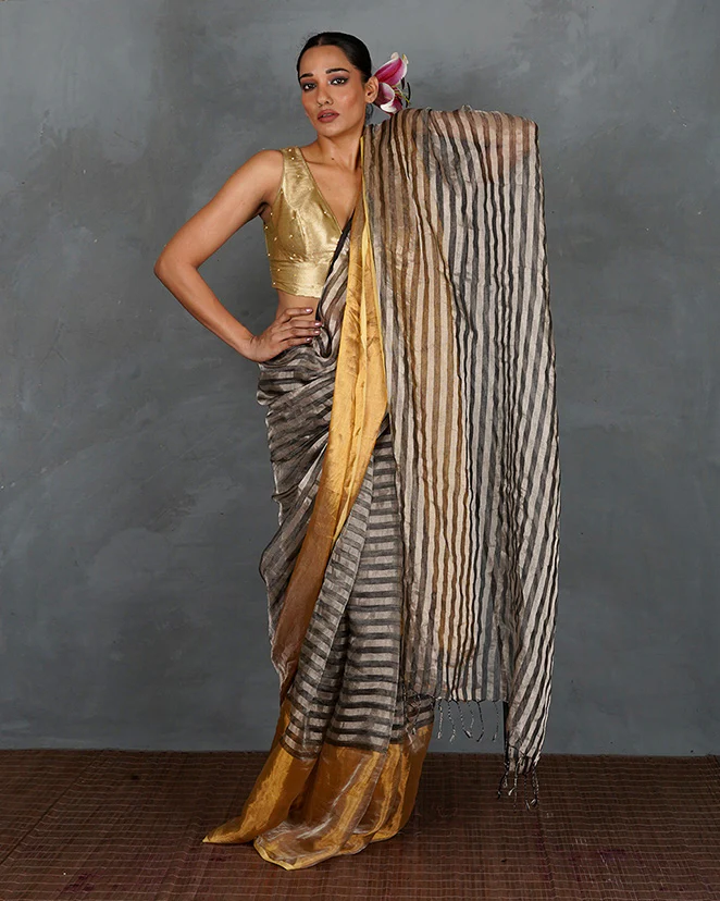 Burn Soft Silver With Black Strip Handwoven Linen Saree - TARA - Image 2