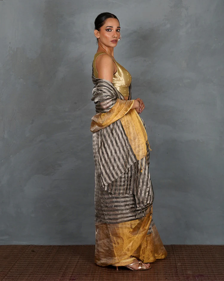 Burn Soft Silver With Black Strip Handwoven Linen Saree - TARA - Image 9