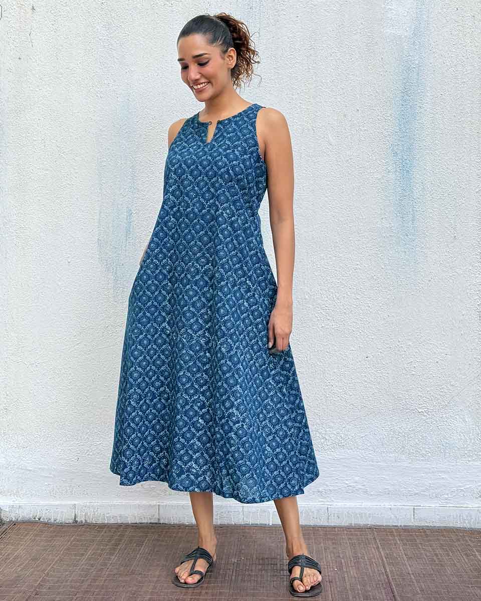 Butterfly Pea Blockprinted Cotton Dress - Image 8