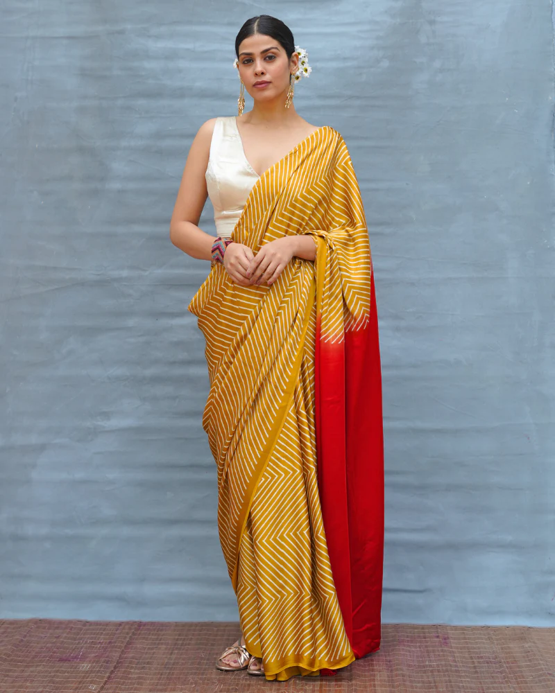 Calm Glide Yellow Handblock Print Modal Silk Saree - Flow