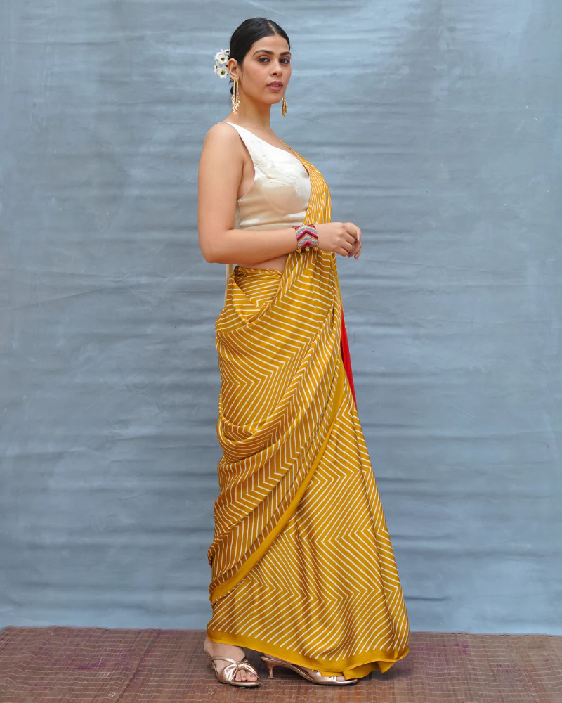 Calm Glide Yellow Handblock Print Modal Silk Saree - Flow - Image 10