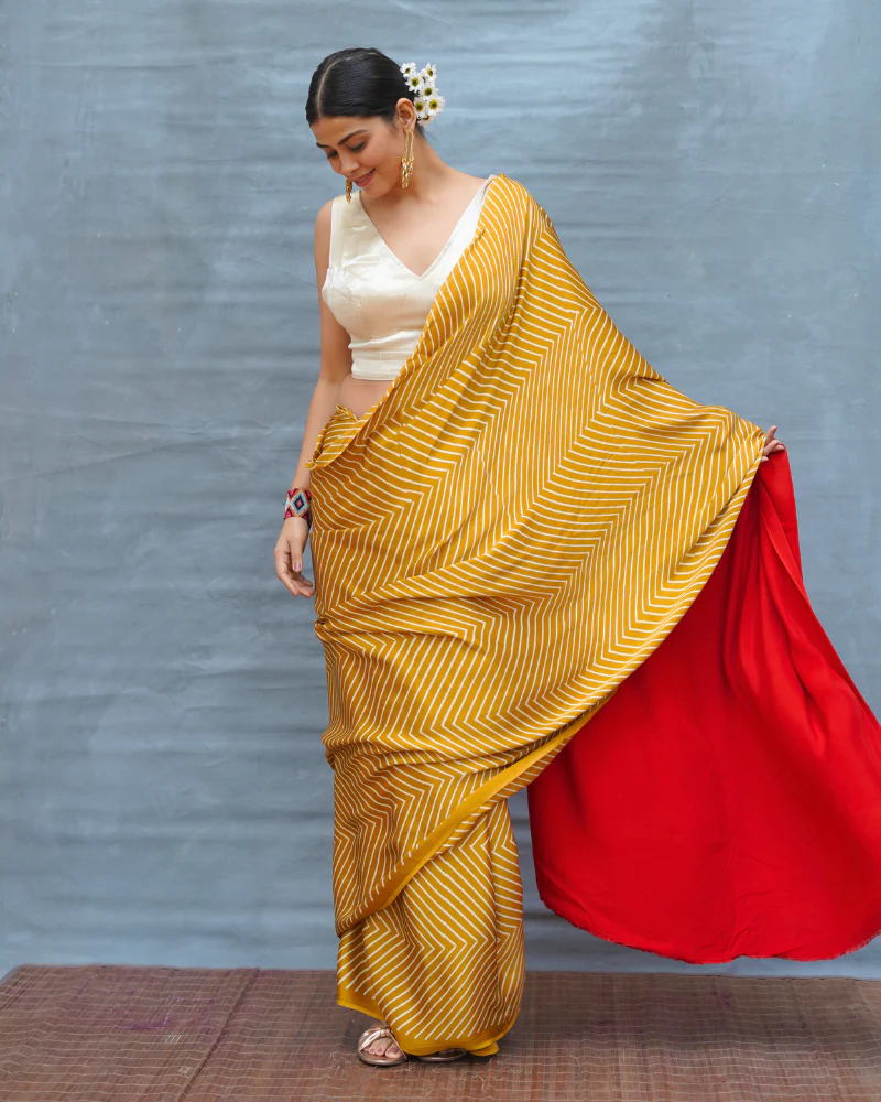 Calm Glide Yellow Handblock Print Modal Silk Saree - Flow - Image 6