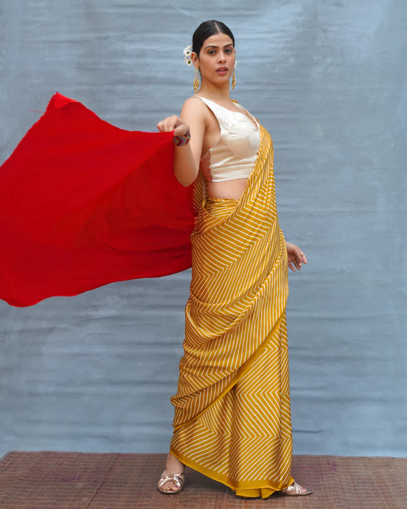 Calm Glide Yellow Handblock Print Modal Silk Saree - Flow - Image 8