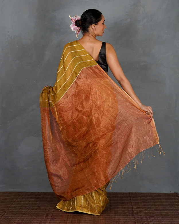 Catch Stars Mustard Gold Handwoven Linen Saree - TARA - Image 4