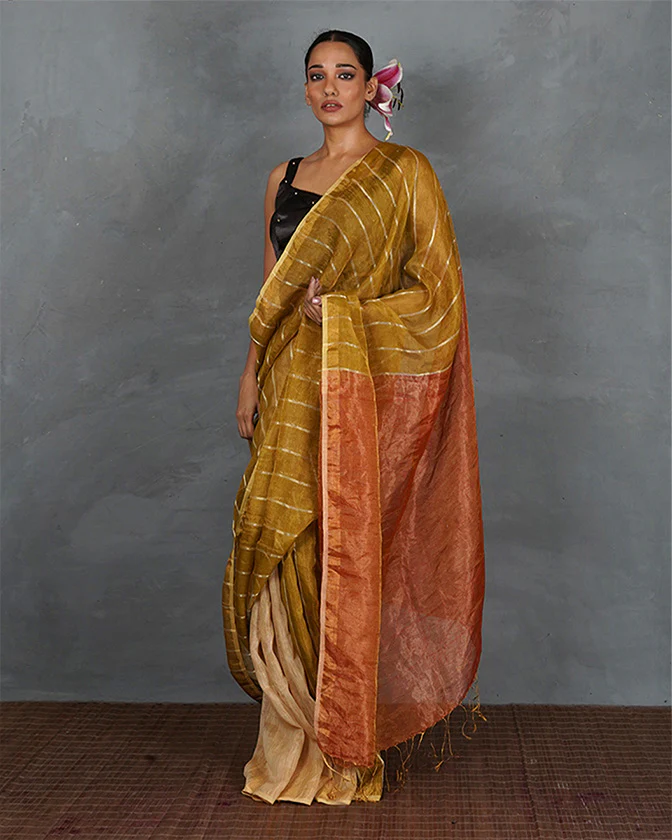 Catch Stars Mustard Gold Handwoven Linen Saree - TARA - Image 8