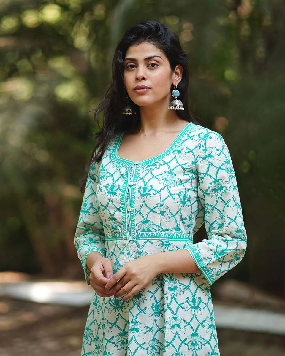 Chamomile’s Calm Teal Green Block Printed Cotton Dress - MMG - Image 4