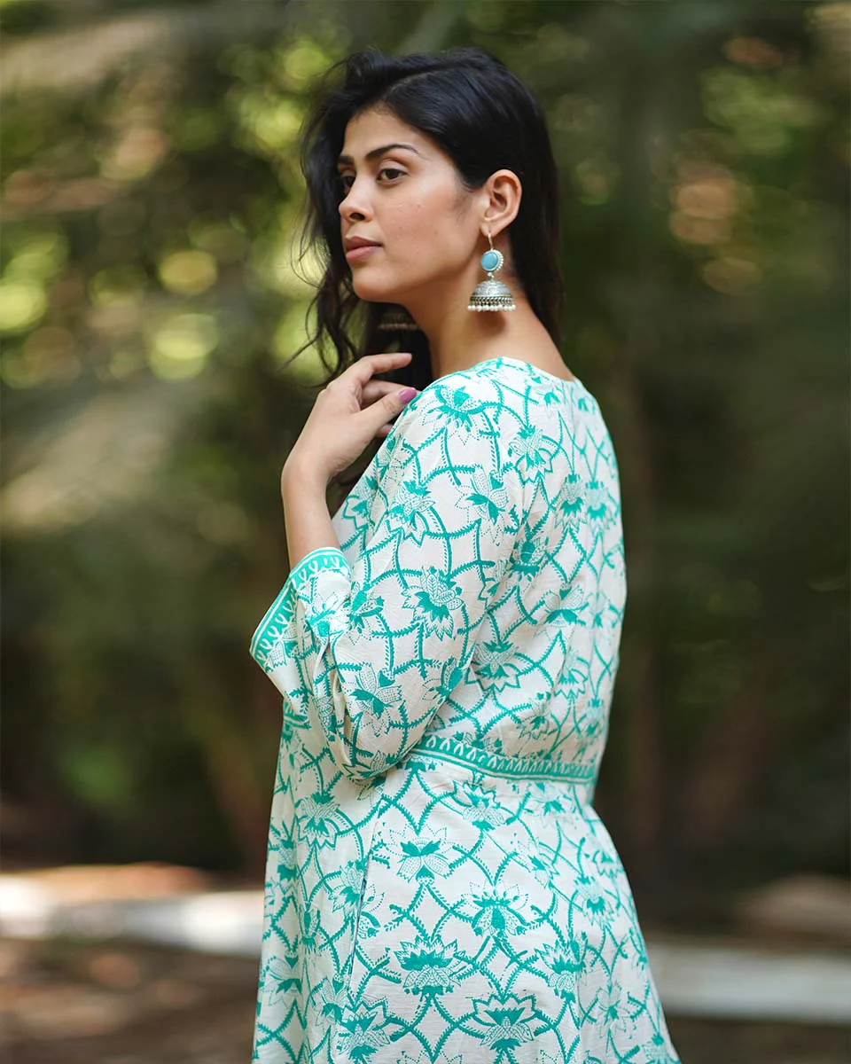 Chamomile’s Calm Teal Green Block Printed Cotton Dress - MMG - Image 5