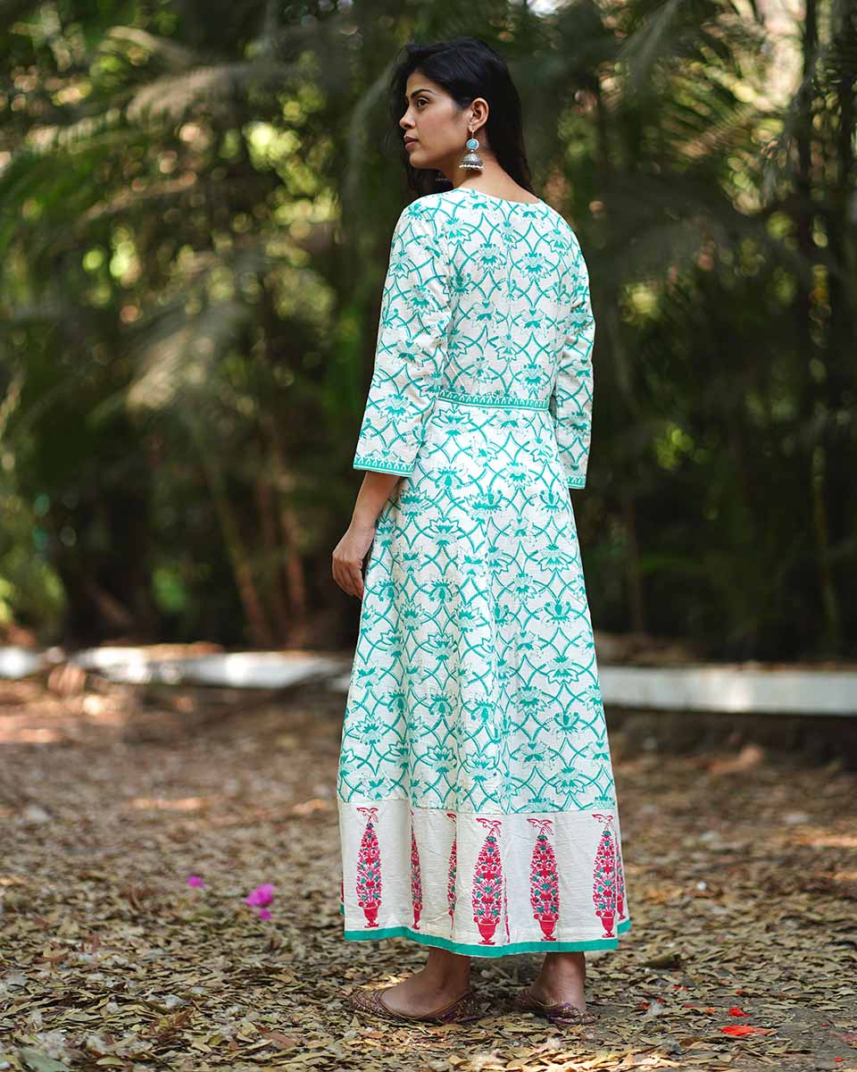 Chamomile’s Calm Teal Green Block Printed Cotton Dress - MMG - Image 6