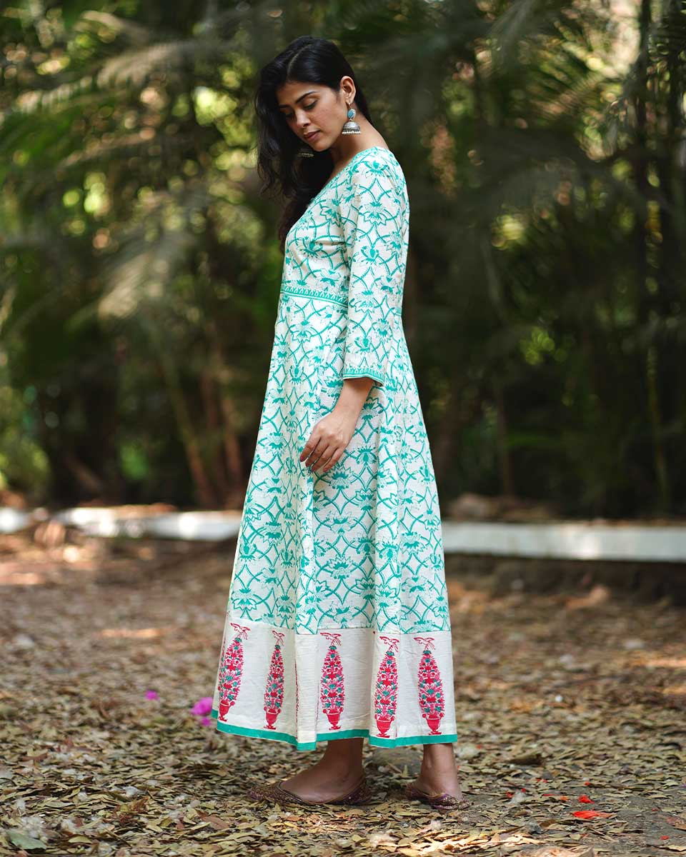Chamomile’s Calm Teal Green Block Printed Cotton Dress - MMG - Image 7