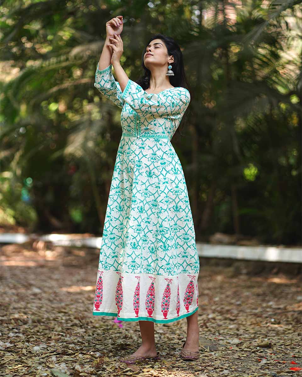 Chamomile’s Calm Teal Green Block Printed Cotton Dress - MMG - Image 8