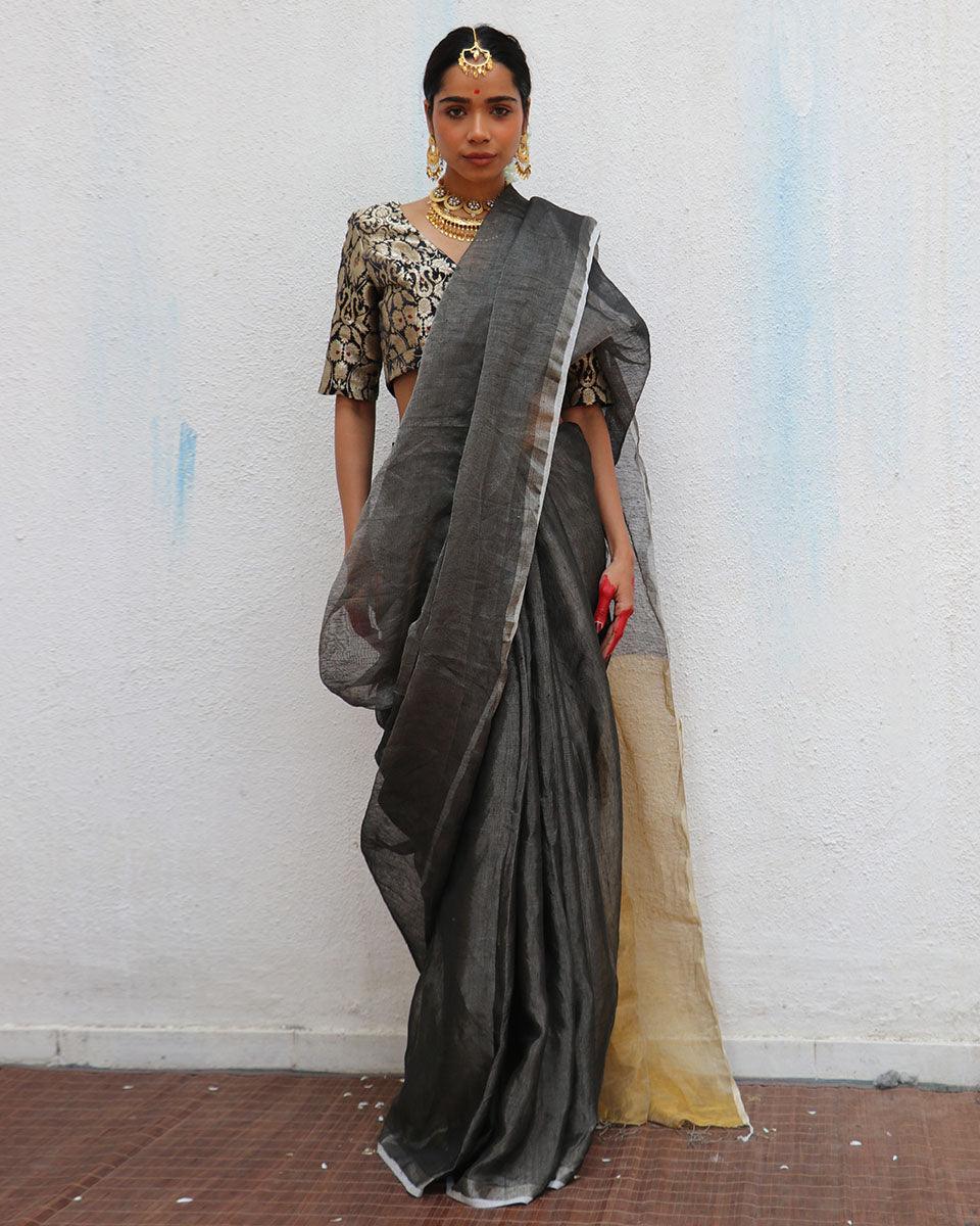 Charulata Black Golden Handwoven Linen Zari Saree - Image 12