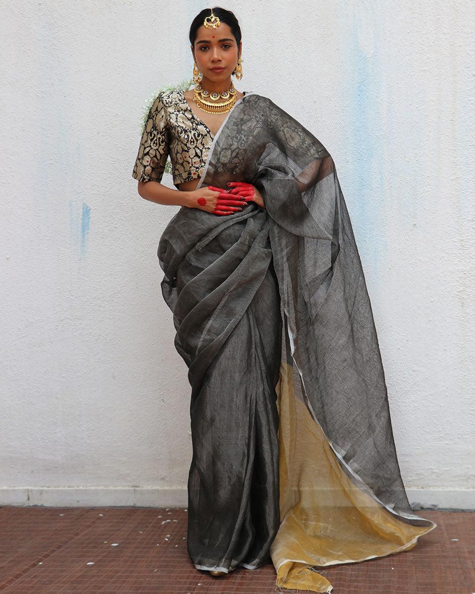 Charulata Black Golden Handwoven Linen Zari Saree - Image 5