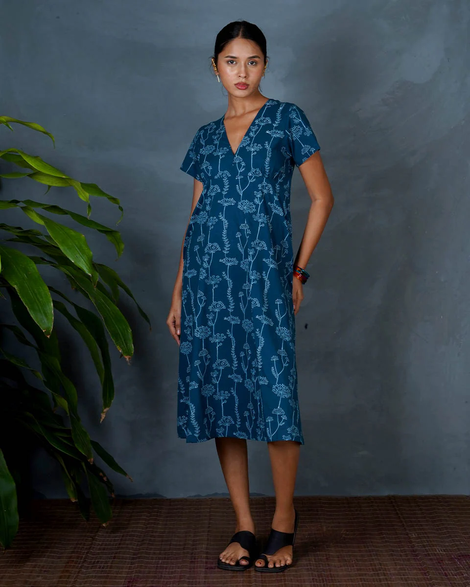 Charvi Teal Green Hand Block Printed Cotton Dress-MYA