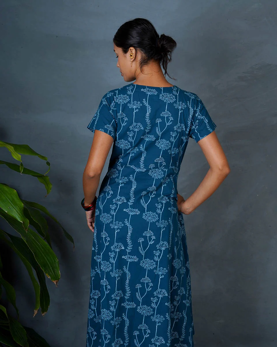 Charvi Teal Green Hand Block Printed Cotton Dress-MYA - Image 6