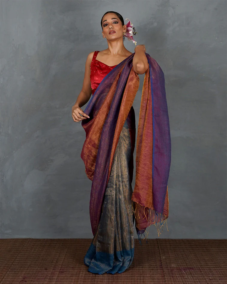 Chase Light Violet Handwoven Linen Saree - TARA - Image 7