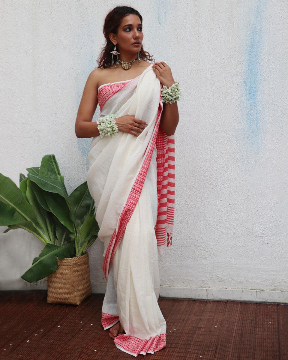 Chitra Ivory Handwoven Linen Cotton Jamdani Saree - Uma - Image 2