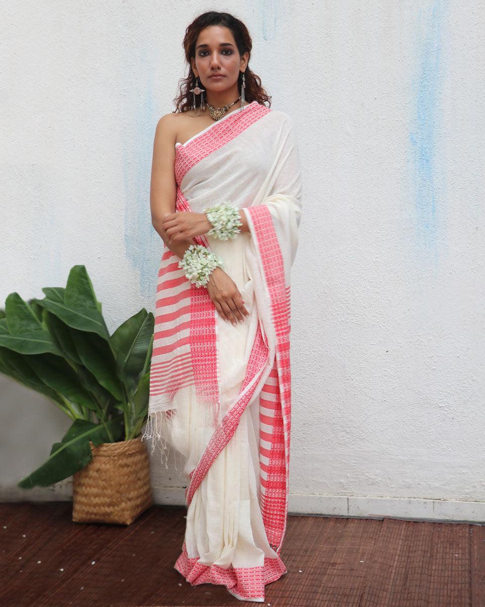 Chitra Ivory Handwoven Linen Cotton Jamdani Saree - Uma - Image 9