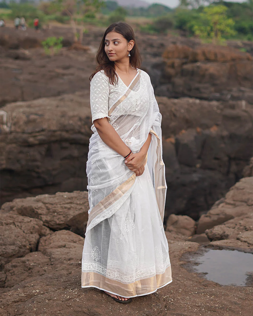 Cloudberry Kota Doria Ivory Block Printed Saree - SFD - Image 6