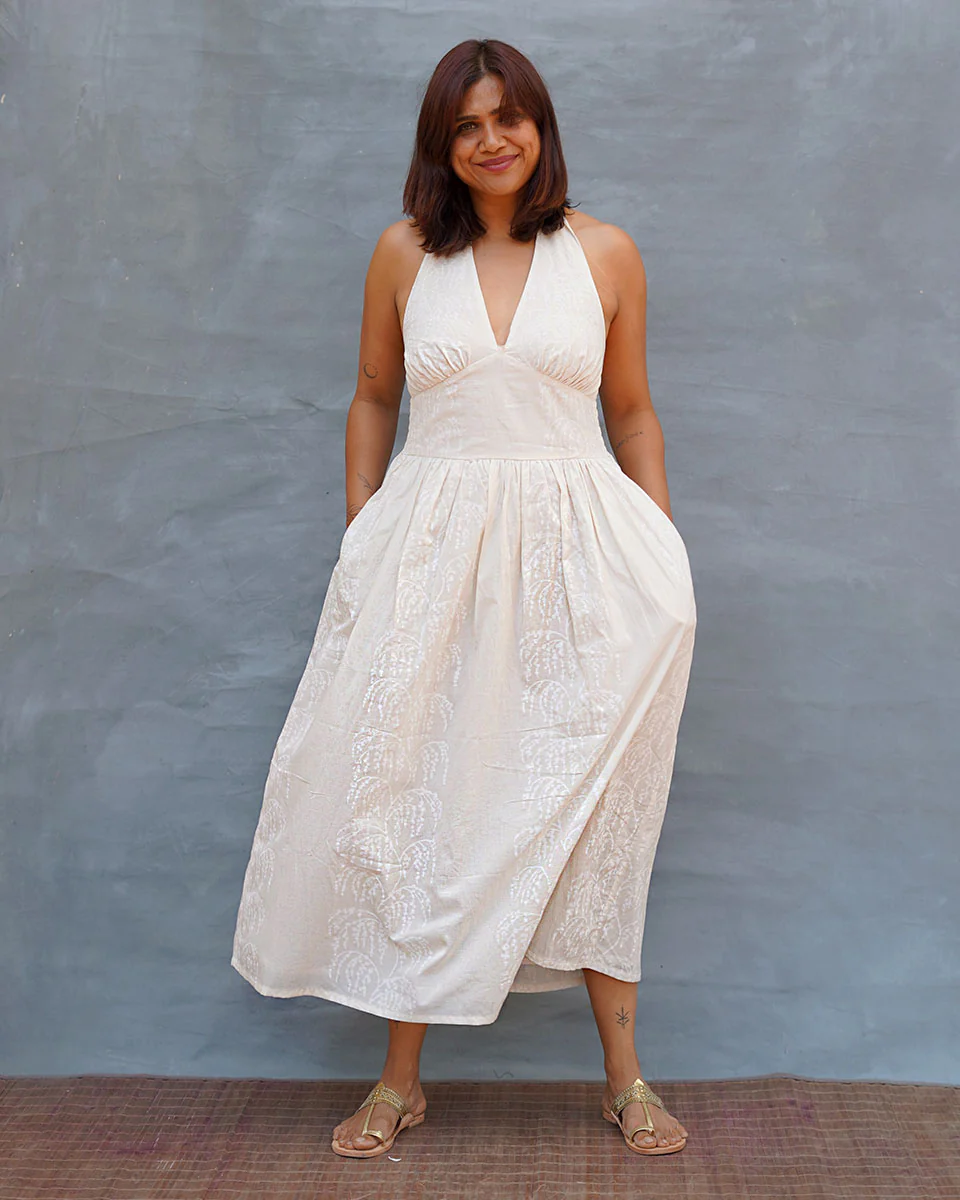 Cloudfall White Handblock Print Cotton Dress - Safed - Image 10
