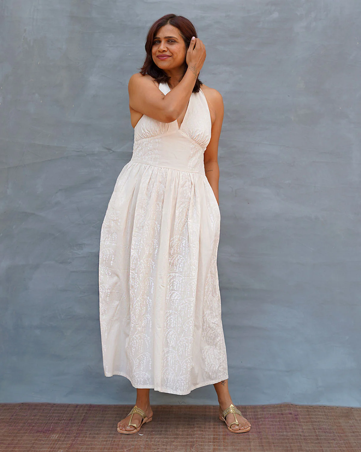 Cloudfall White Handblock Print Cotton Dress - Safed - Image 11