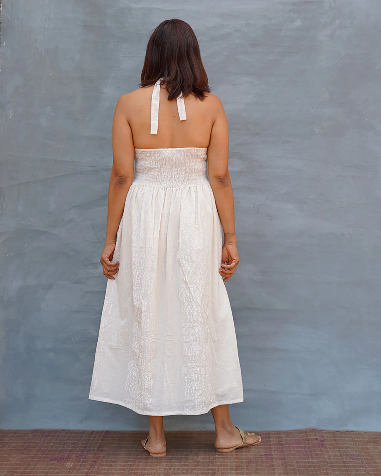 Cloudfall White Handblock Print Cotton Dress - Safed - Image 3