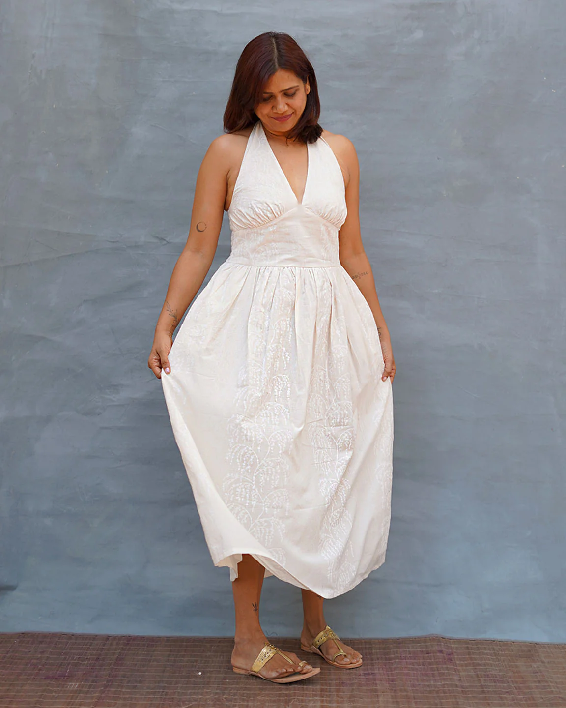 Cloudfall White Handblock Print Cotton Dress - Safed - Image 6