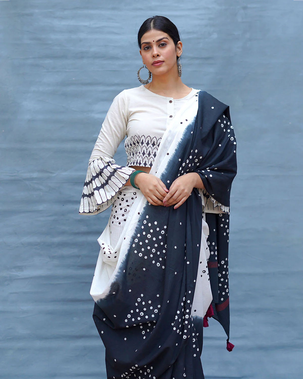 Colourblind Black & White Handblock Print Cotton Saree - MIS - Image 11