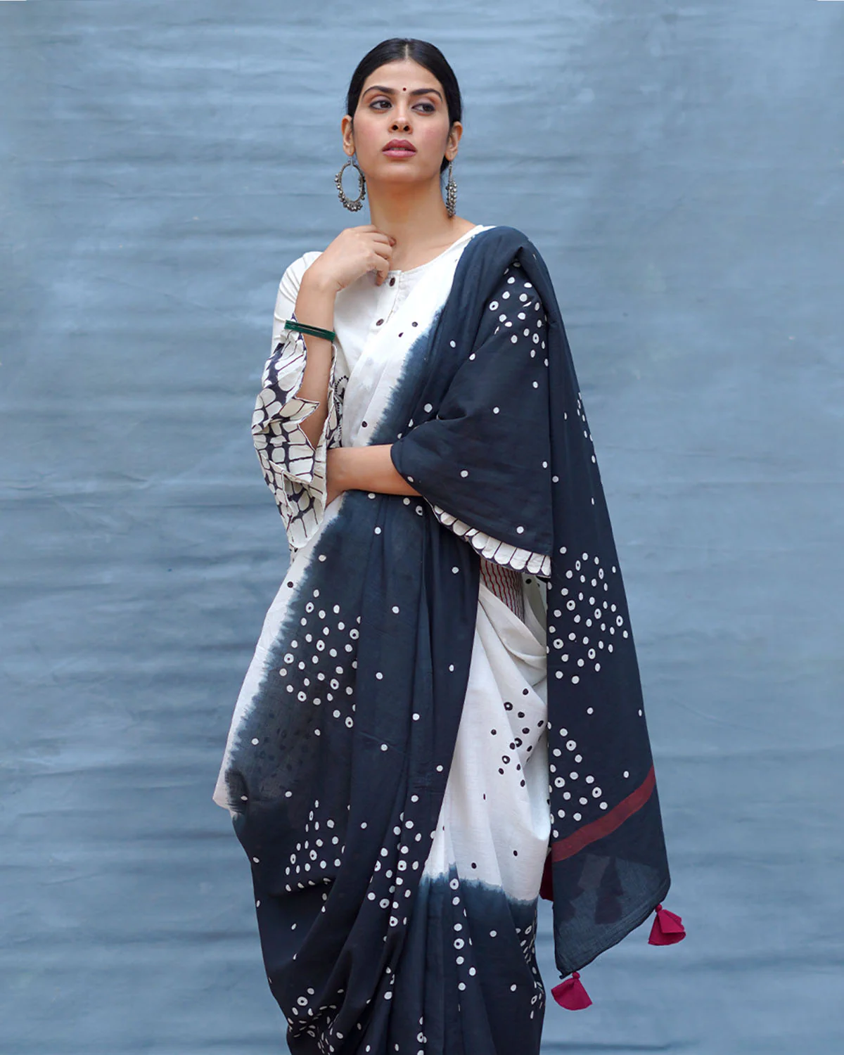 Colourblind Black & White Handblock Print Cotton Saree - MIS - Image 12