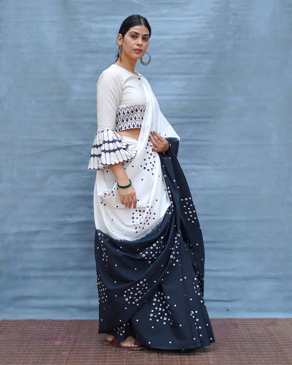 Colourblind Black & White Handblock Print Cotton Saree - MIS - Image 7