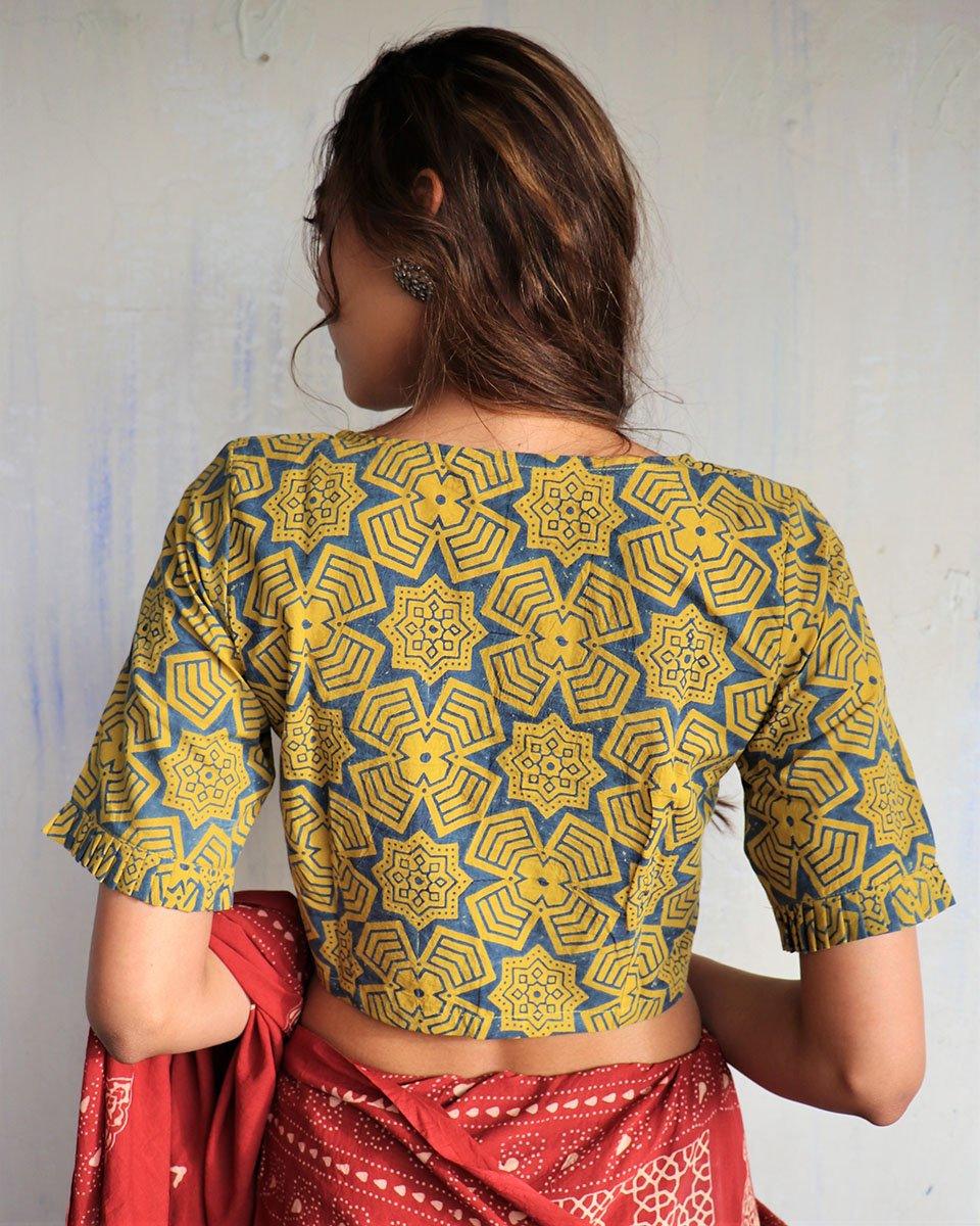 Yellow Hand Block-Printed Cotton Blouse-God - Image 4