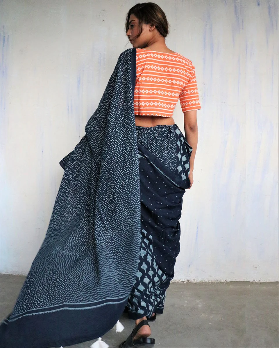 Blue Blockprinted Cotton Mul Saree - God - Image 6