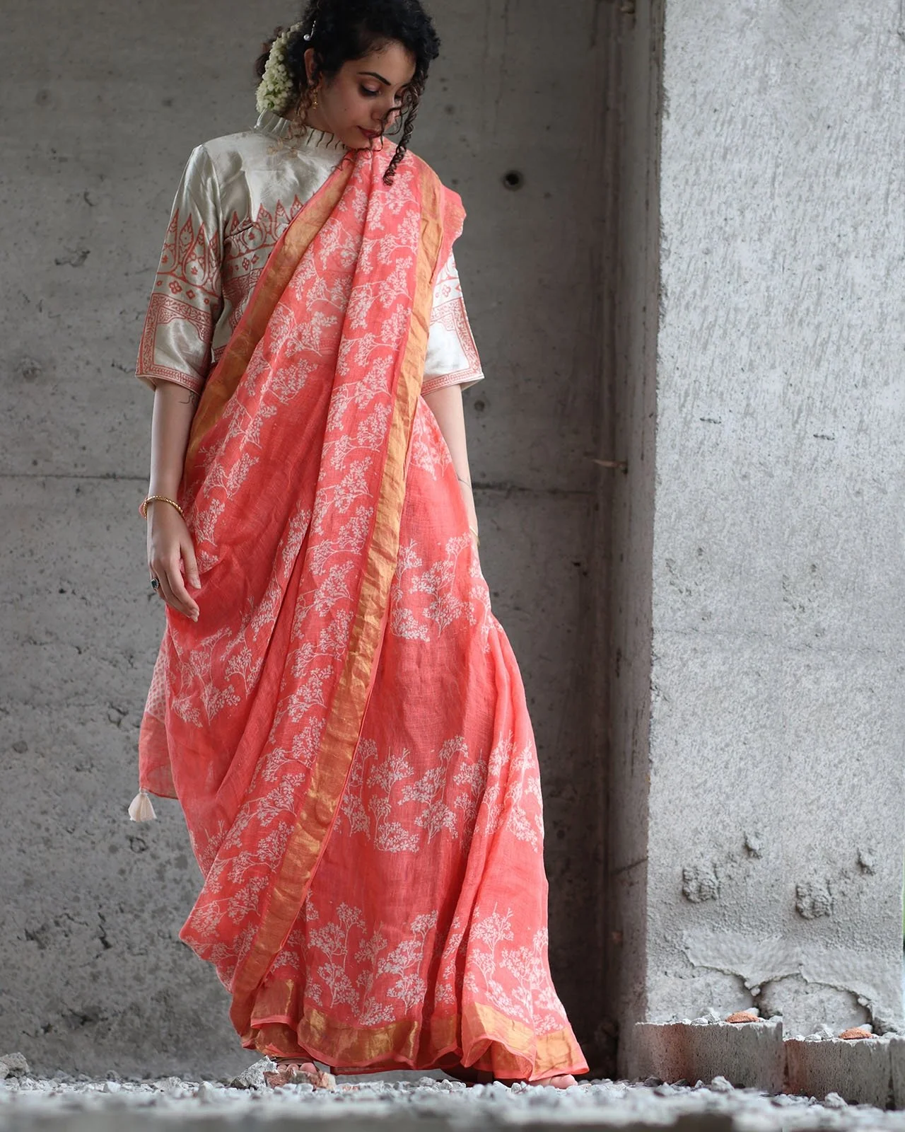 Coral Block Printed Saree Pure Handwoven Linen - Image 2