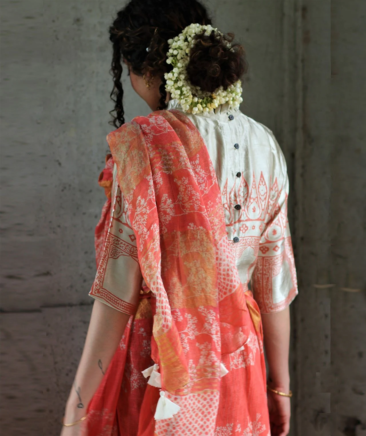 Coral Block Printed Saree Pure Handwoven Linen - Image 5