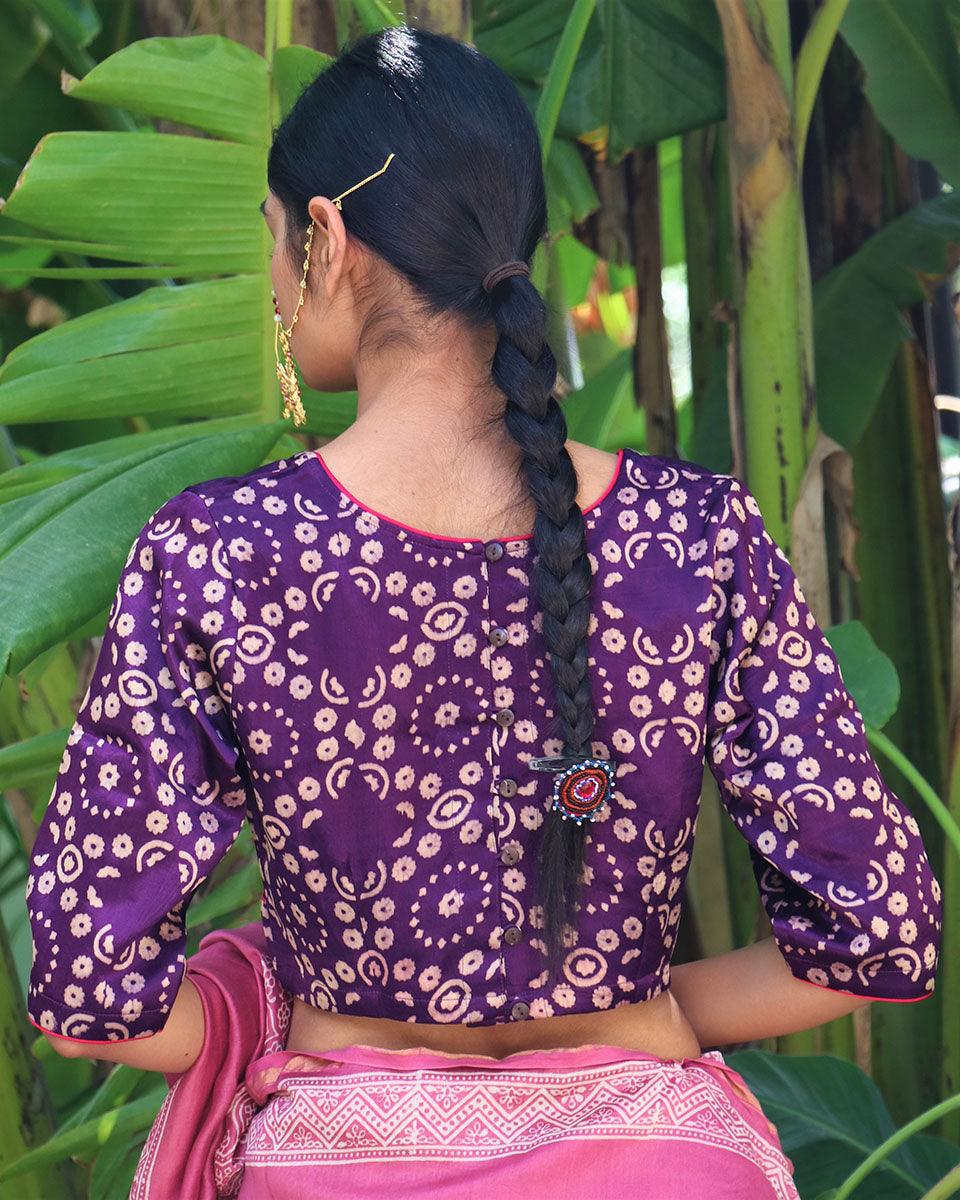Cosmos Aubergine Blockprinted Mashru Silk Blouse-Chand Se - Image 3
