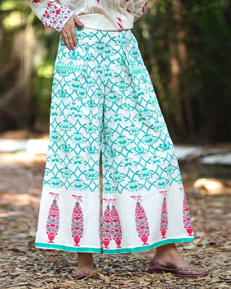 Cosmosâ€™ Call Teal Green Block Printed Pants - MMG