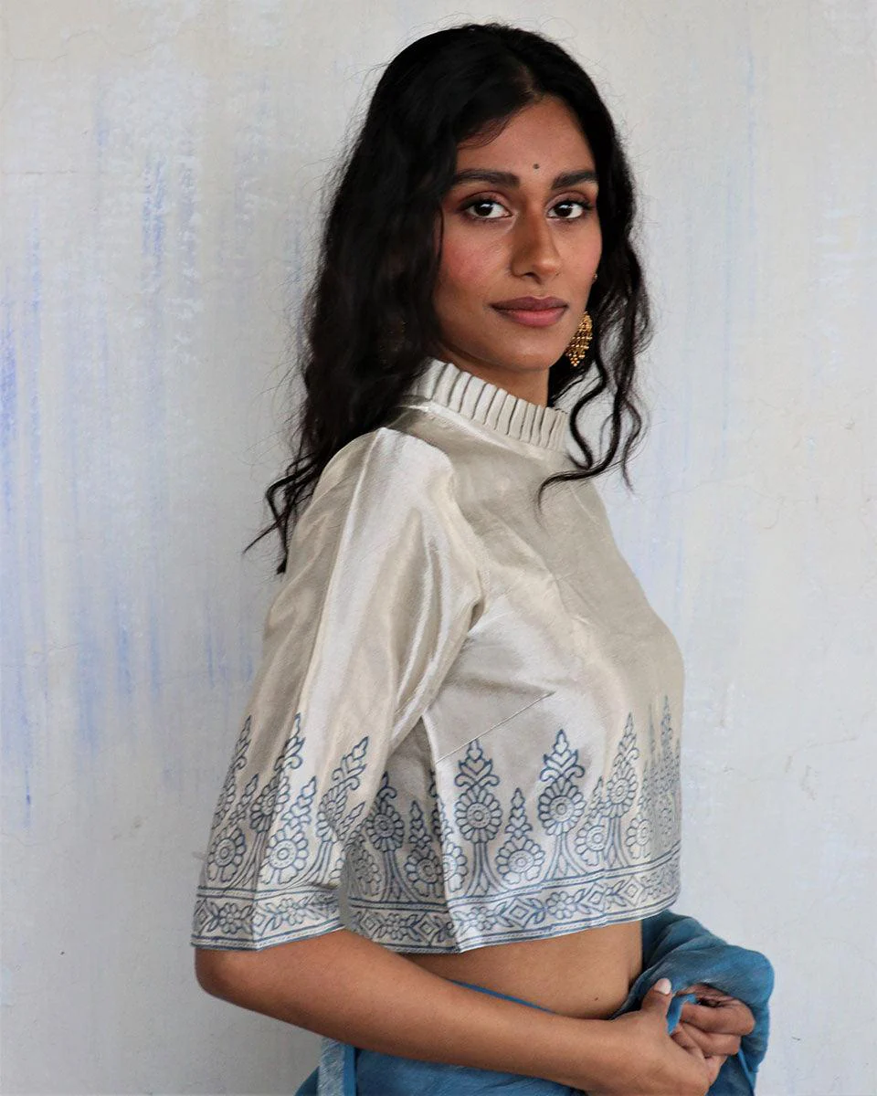 Cream Blue Blockprinted Mashru Silk Blouse - Image 2