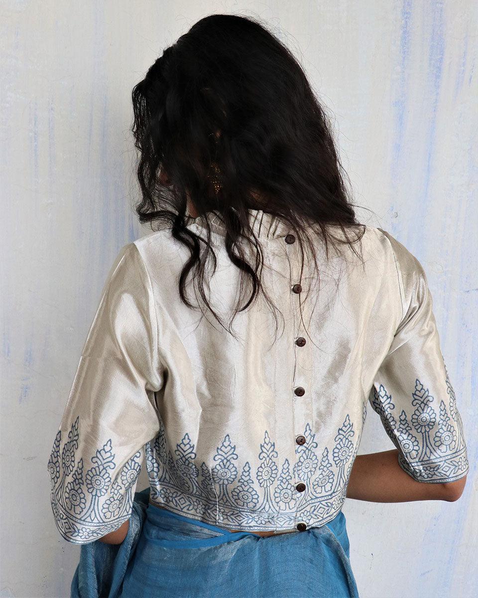Cream Blue Blockprinted Mashru Silk Blouse - Image 4