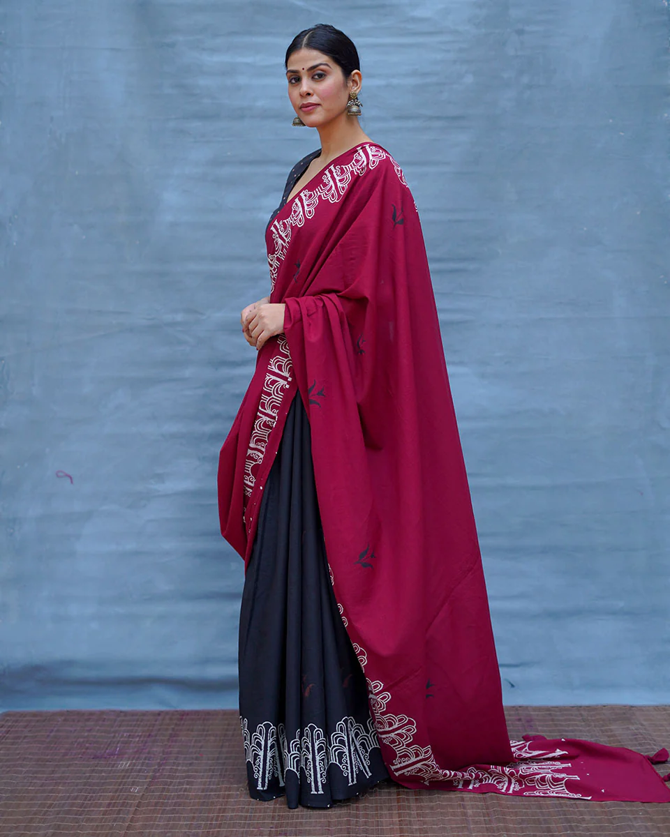 Damini Maroon With Black Handblock Printed Cotton Saree - Soil - Image 8