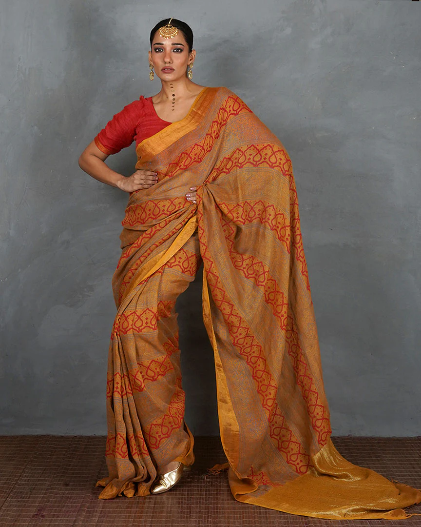 Deepika Mustard Handblock Linen Saree - TARA - Image 5