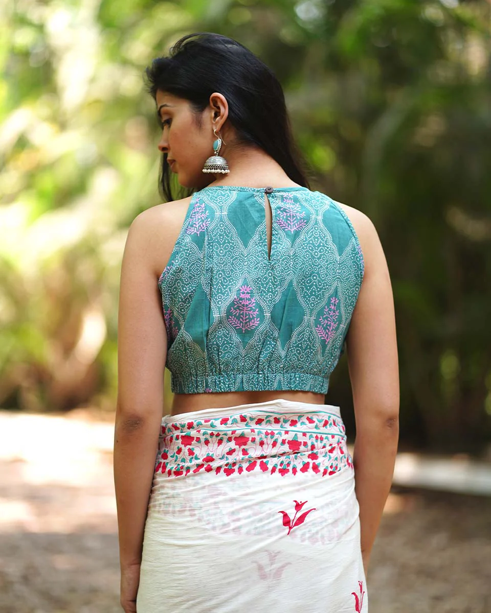 Dewy Daffodils Teal Green Block Printed Blouse - MMG - Image 4