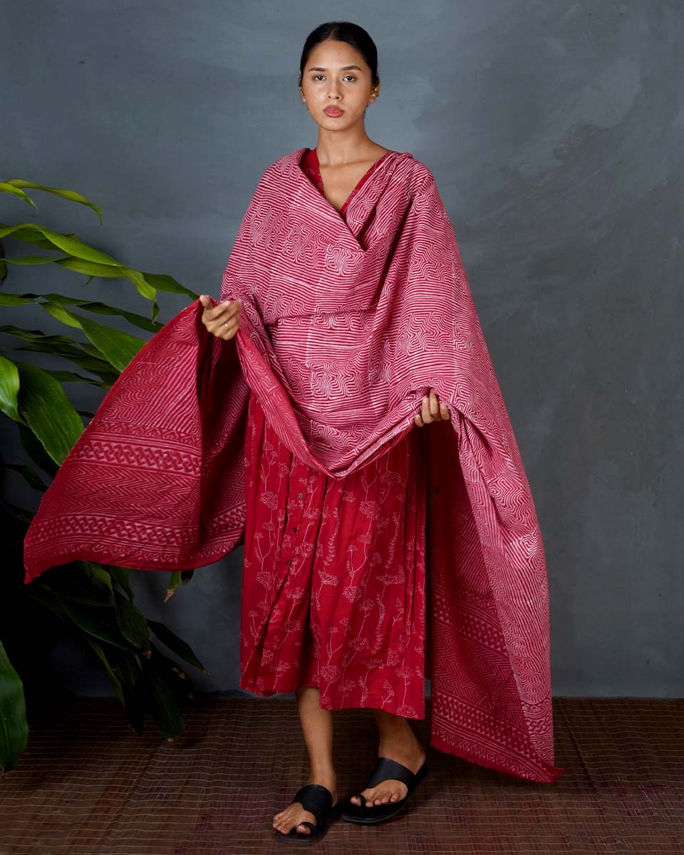 Dhara Red Hand Block Printed Cotton Dupatta-MYA - Image 2