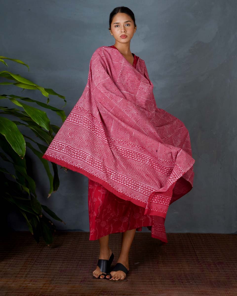 Dhara Red Hand Block Printed Cotton Dupatta-MYA - Image 4